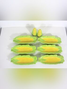 1970’s Vintage Ceramic Corn on the Cob Dishes with Salt and Pepper Shakers 8 Pcs